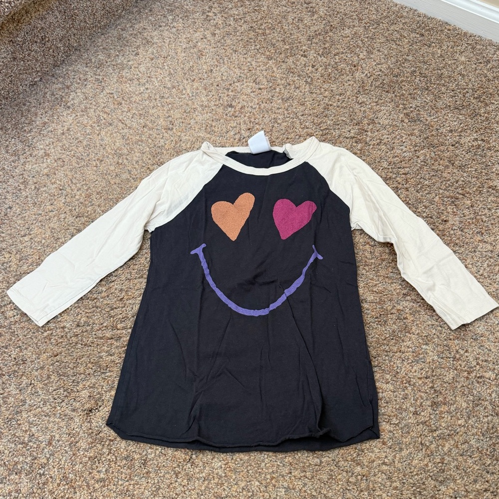 EUC - Junk Food - Black and Cream Smiley Face 3/4 Sleeve T-Shirt - Girls XL (12)